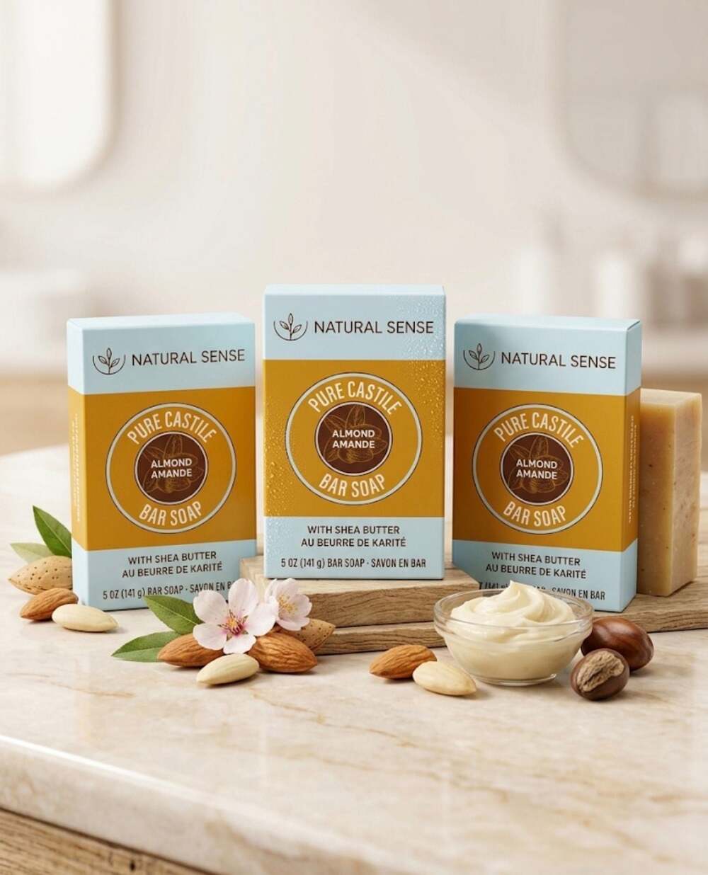 Natural Sense Pure Castile Almond Bar Soap with Shea Butter 3-Pack